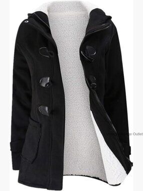 Warm Fleece Hooded Winter Coat with Horn Buttons, Relaxed Fit